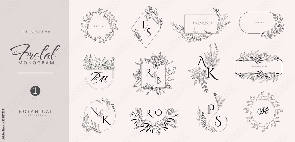 Set of wedding monogram, botanical floral branch and frames. Botanical vintage foliage for wedding invitation, wall art or card template. Minimal line art drawing. Vector