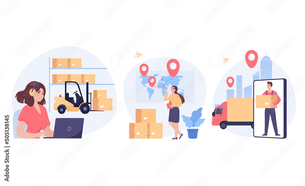 Warehouse manager calling clients and workers delivering boxes. Logistic industry, air cargo or freight flat vector illustration. Delivery service, global transportation concept for banner