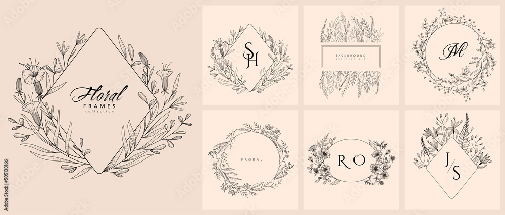 Set of wedding monogram, botanical floral branch and frames. Botanical vintage foliage for wedding invitation, wall art or card template. Minimal line art drawing. Vector Set of wedding monogram, botanical floral branch and frames. Botanical vintage foliage for wedding invitation, wall art or card template. Minimal line art drawing. Vector