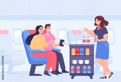 Stewardess offering food and drinks to passengers on board. Flight attendant serving people on plane, meals on trolley flat vector illustration. Service, aviation, air travel concept for banner