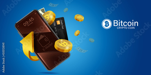 digital bitcoin wallet application on mobile.Mobile design concept online wallet with coins, banknotes and credit cards inside all on blue background.bitcoin Online wallet via smartphone application.