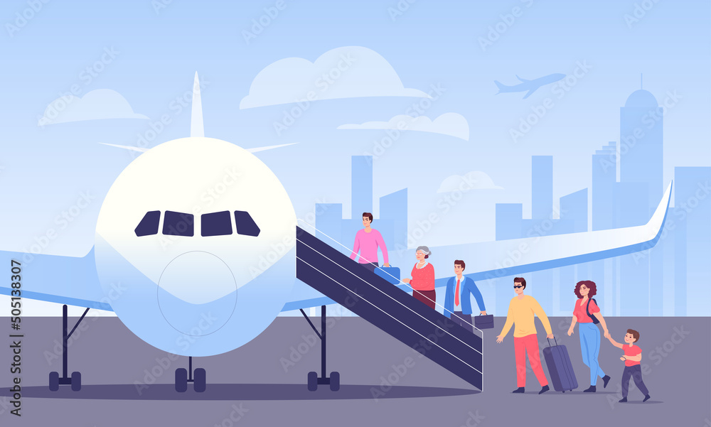 Line of cartoon passengers boarding plane. People getting on flight, business trip, airport flat vector illustration. Tourism, traveling, aviation industry concept for banner or landing web page - obrazy, fototapety, plakaty 