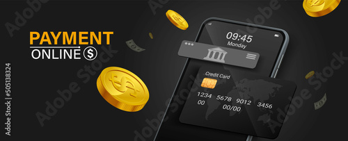 The credit card is on the smartphone and there are coins around it.Mobile payment concept without ATM or bank.
Cashback via mobile application or via credit card.
Paying bill using mobile phone bill.