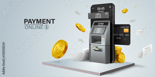 ATM in front of mobile phone and credit card inserted into mobile phone.Mobile finance application concept.
payment without atm and no bank required.
Banking app for shopping and bill payment.