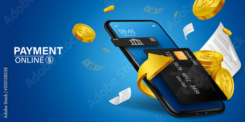 credit card is on the smartphone and there are coins around it.Mobile payment concept without ATM or bank.
Cashback via mobile application or via credit card.
Paying bill using mobile phone bill. photo