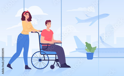 Man with physical disability in wheelchair in airport. Female helping male with getting on flight, inclusive airport flat vector illustration. Accessibility, traveling, journey concept for banner