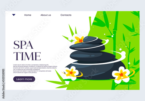 Vector illustration of a banner template for a website, Spa stones, Plumeria flowers, bamboo background and leaves in the background,Zen