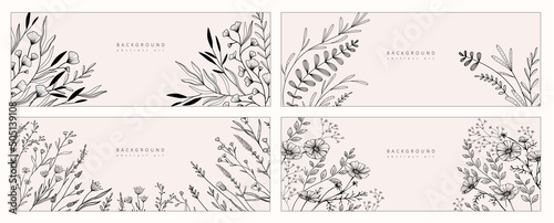 Set of botanical bakground, floral branch and leaves. Vintage foliage for wedding invitation, wall art or card template. Minimal line art drawing. Vector