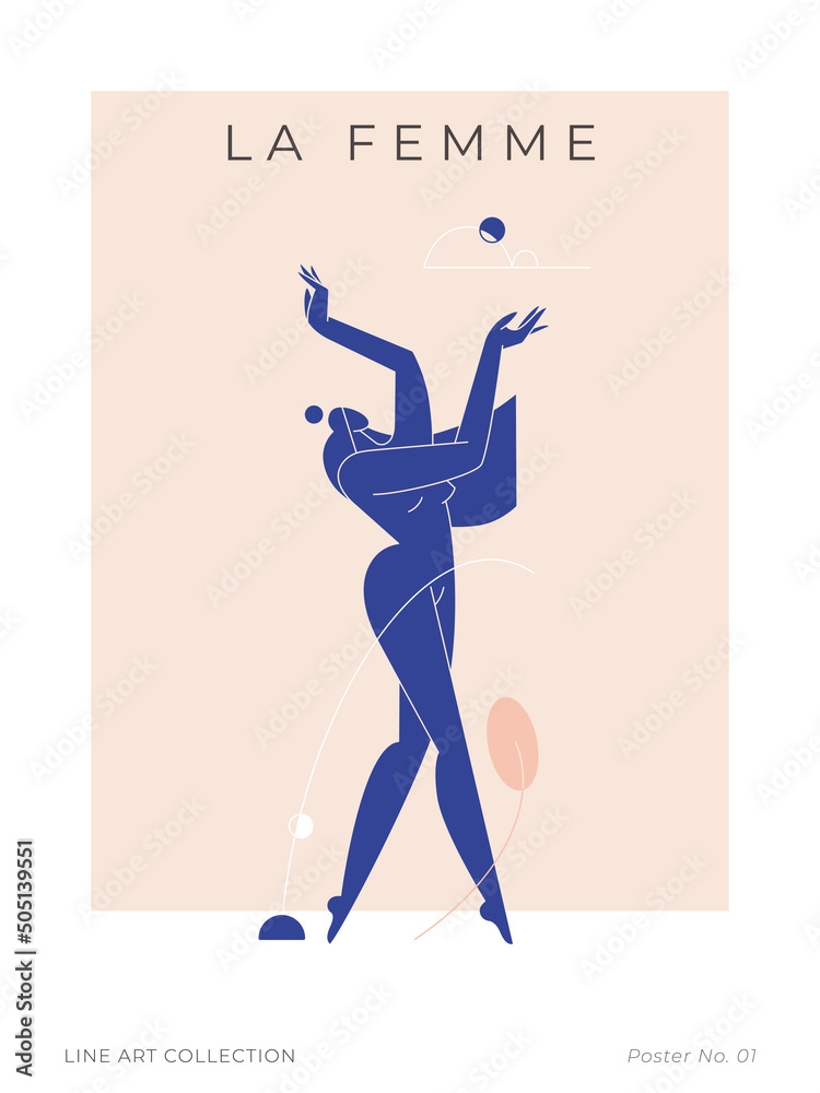 Contemporary modern print. Woman silhouette, nude female body in abstract pose, mid century composition with geometric shapes. Beauty, Femininity concept for wall decor, poster. Vector illustration