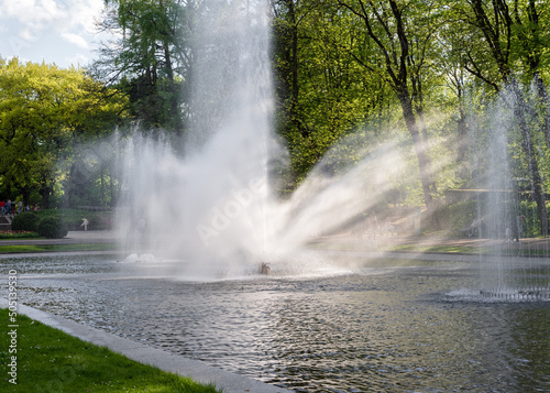 Beautiful fountain in the city park. Fountain in the sun at sunset in the park. © Julia