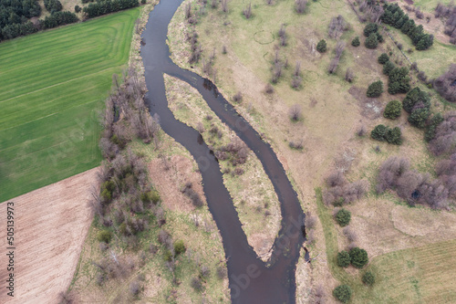 Drone view of River Liwiec near Starowola village, Masovia Province, Poland photo