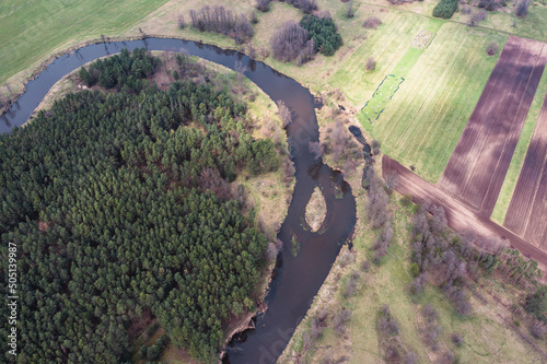 Drone view of River Liwiec in Starowola village, Masovia region, Poland photo