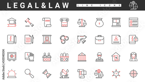 Law, judgment and justice, legal judicial documents, thin red and black line icons set vector illustration. Abstract judge, lawyer and criminals in prison, crime evidence, handcuff and sheriff symbol