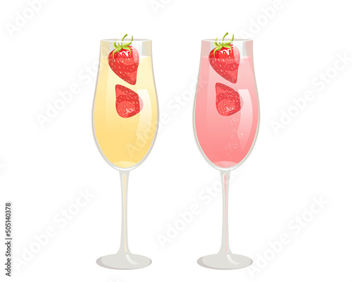 Two glasses of champagne with strawberries.A glass of pink champagne and golden.Vector illustration.The concept of drinks.