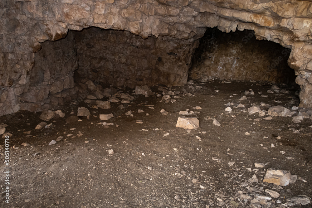 The remains of the buildings of the ancient settlement on Mount Arbel, located on the coast of Lake Kinneret - the Sea of Galilee, near the city of Tiberias, in northern Israel The remains of the buildings of the ancient settlement on Mount Arbel, located on the coast of Lake Kinneret - the Sea of Galilee, near the city of Tiberias, in northern Israel