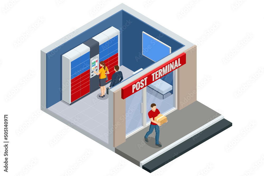 Isometric parcel locker. Postman and locker with digital panel for password. The chain of autonomous postal points for self-receipt and sending of postal parcels. Postal delivery, smart self-service - obrazy, fototapety, plakaty 