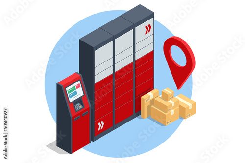 Isometric parcel locker. Postman and locker with digital panel for password. The chain of autonomous postal points for self-receipt and sending of postal parcels. Postal delivery, smart self-service
