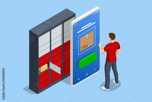 Isometric parcel locker. Postman and locker with digital panel for password. The chain of autonomous postal points for self-receipt and sending of postal parcels. Postal delivery, smart self-service