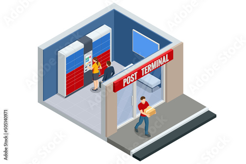 Isometric parcel locker. Postman and locker with digital panel for password. The chain of autonomous postal points for self-receipt and sending of postal parcels. Postal delivery, smart self-service