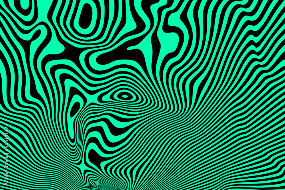 Abstract black and toxic green fluidly lines background. Stylish curved liquid pattern surface. Abstract optical illusion art