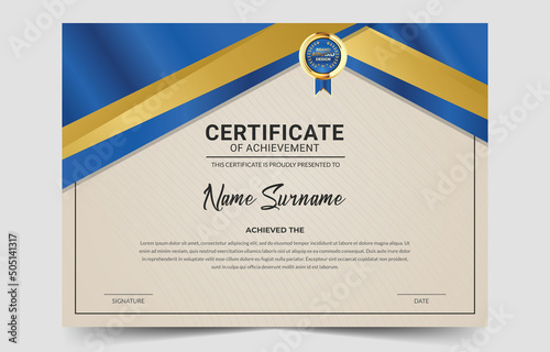 Professional certificate of achievement template with badge , Red and gold certificate of Appreciation template with gold badge and border, certificate best award diploma set photo