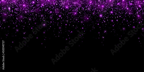 Wide purple holiday glitter confetti with glow lights on black background. Vector