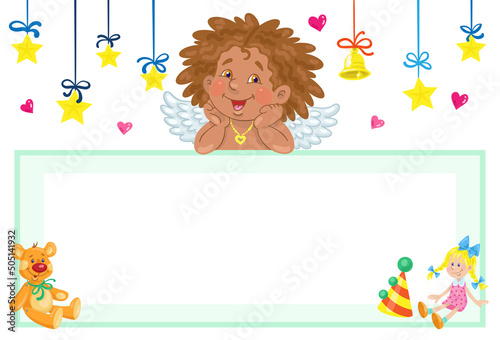 Cute angel child. Baby Shower invitation template with stars, toys, hearts and place for your text. In cartoon style. Isolated on white background. Vector illustration