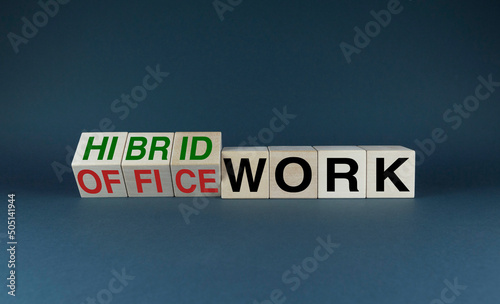 Office work or Hybrid work. Cubes form the choice words Office work or Hybrid work. photo
