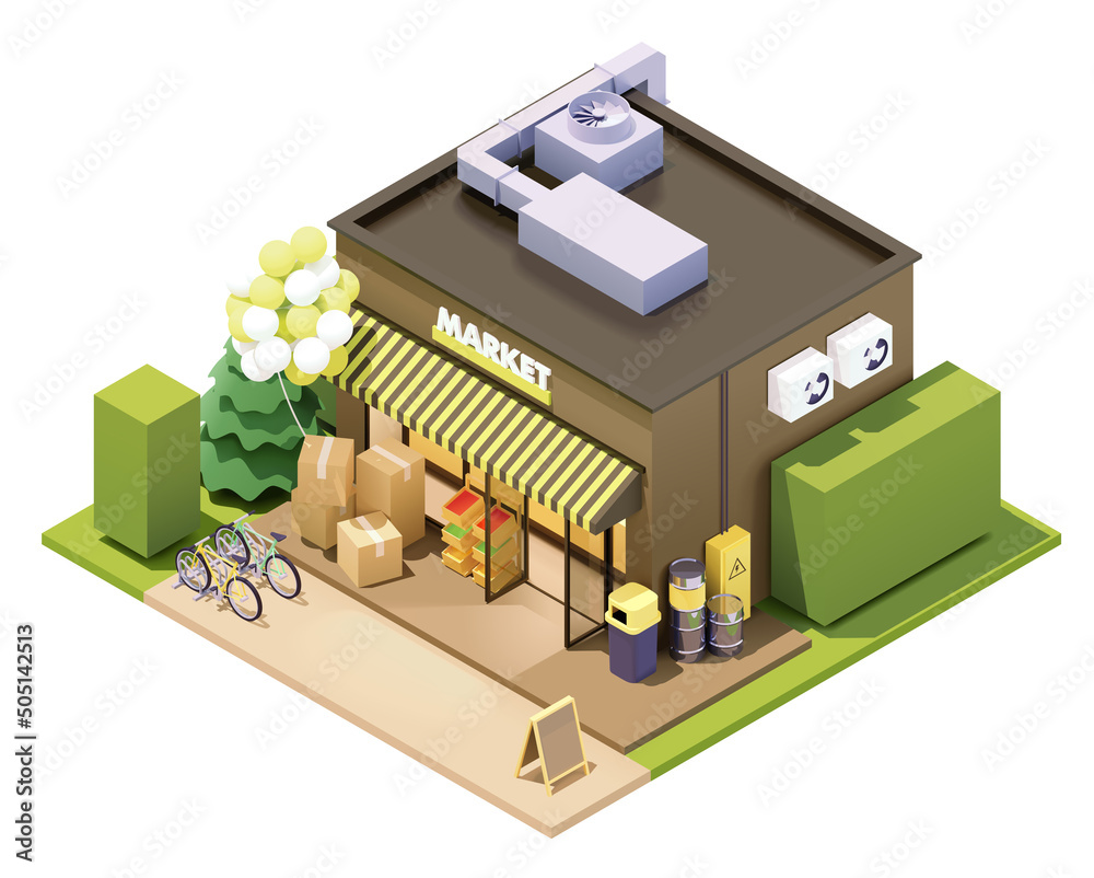 Vector isometric supermarket or grocery building. Shop building with awnings. Shop opening with balloons