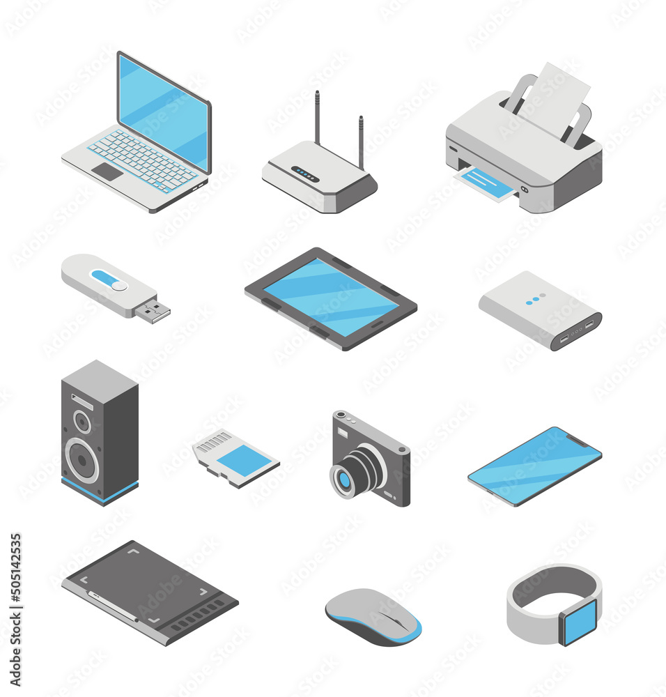 Vector isometric icons of office equipment, portable electronics. Set of 3d computer gadgets, devices, digital technologies Vector isometric icons of office equipment, portable electronics. Set of 3d computer gadgets, devices, digital technologies