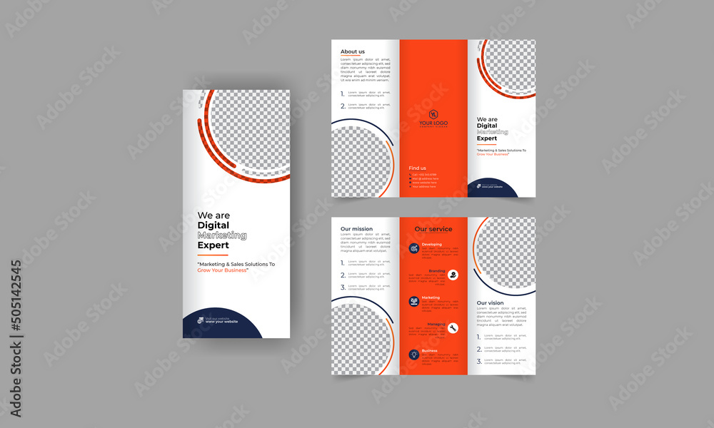 Business trifold brochure annual report cover, digital marketing tri fold corporate brochure cover or flyer design. Leaflet presentation. Catalog with Abstract geometric background. Modern publication - obrazy, fototapety, plakaty 
