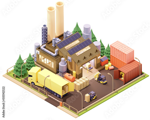Vector isometric factory building with robots and conveyor. Plant with smokestacks and ventilation system, forklifts, truck and office room. Modern industrial building