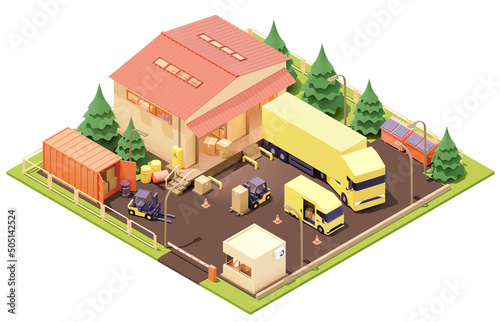 Vector isometric warehouse building. Warehouse racking, forklifts with boxes, van and truck loaded with goods, pallets with crates, container