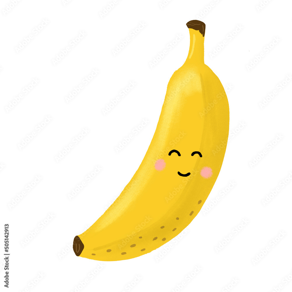 a happy banana fruit with a cute kawaii face, a funny vegetarian character, an illustration for a children's poster and a summer T-shirt design