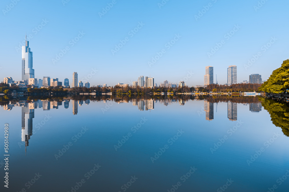 Early morning scenery of Xuanwu Lake and city skyline in Nanjing, China
