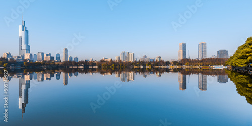Early morning scenery of Xuanwu Lake and city skyline in Nanjing  China