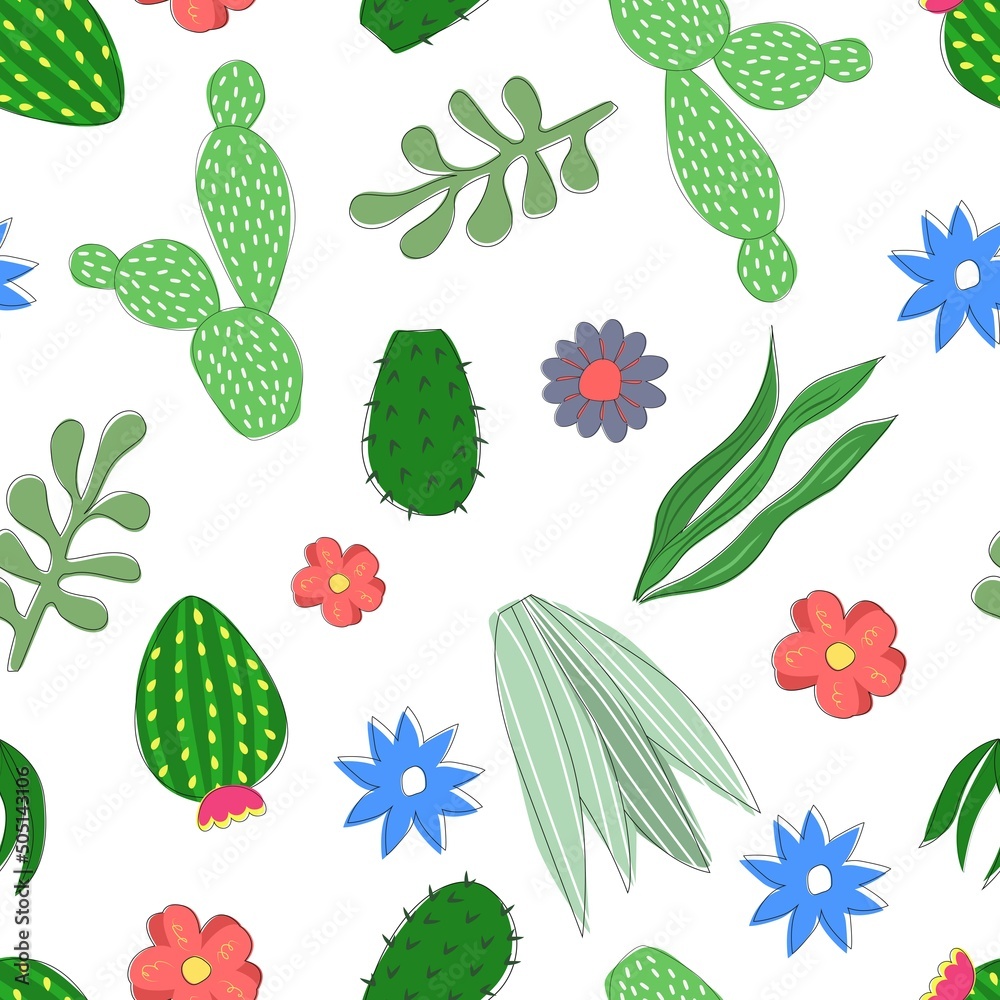 Hand drawn blooming cacti and succulents, seamless pattern with white background Hand drawn blooming cacti and succulents, seamless pattern with white background