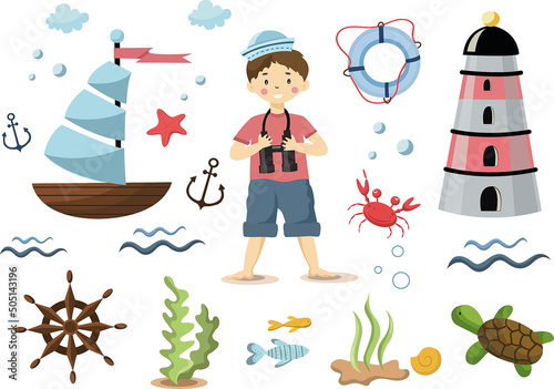 Vector set on a sea theme in a children's style. photo