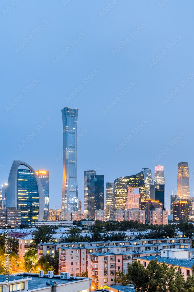 High angle night view of CBD buildings in Beijing, China