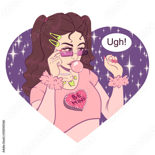 Cute girl in pink clothes in purple shine heart. Says something disgust and discontent. Vector illustration of 90s fashion. Template for card, sticker and print for t-shirt