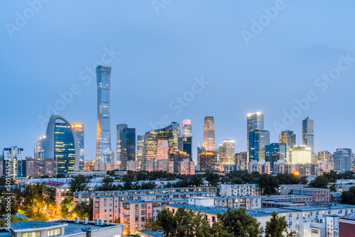 High angle night view of CBD buildings in Beijing  China