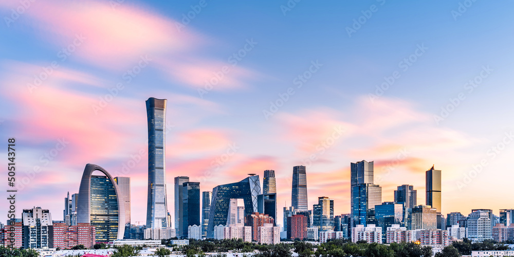 Dusk scenery of high-rise buildings in Beijing CBD, China