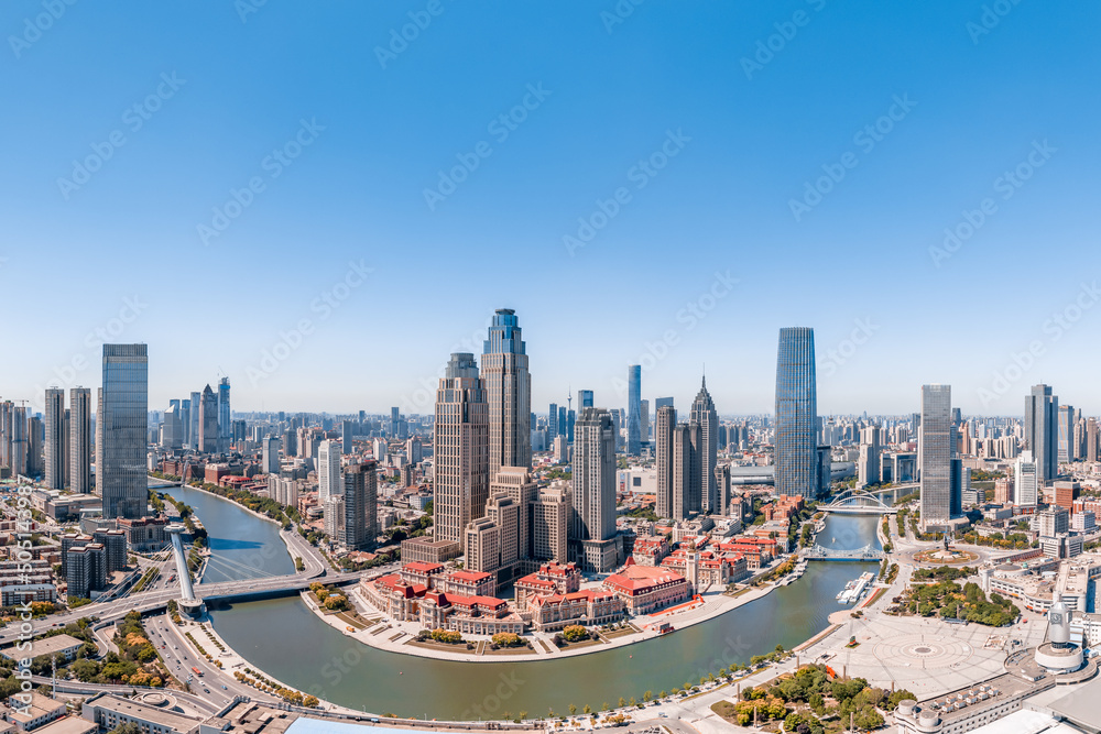 Fototapeta premium Aerial photography of CBD city skyline of Haihe and Jinwan Plaza, Tianjin, China