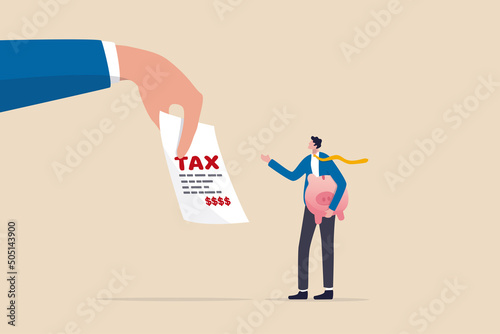 Tax burden or debt to pay for income tax, financial charge and duty to pay for government, accounting or bills, wealth management or savings, businessman holding saving piggybank looking at tax bills.