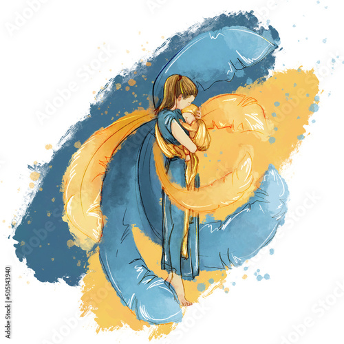 Mother and child with wings. yellow and blue. against the background of the Ukrainian flag. isolated