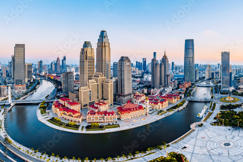 Aerial photography of CBD city skyline of Haihe and Jinwan Plaza, Tianjin, China photo