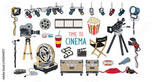 Big set of items, equipment, things and tools for the film industry and filming video clips. Line art cartoon graphics. Vector design elements