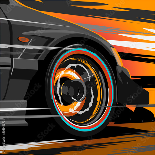 sports car in motion imitation wheel rotation overheated brake disc