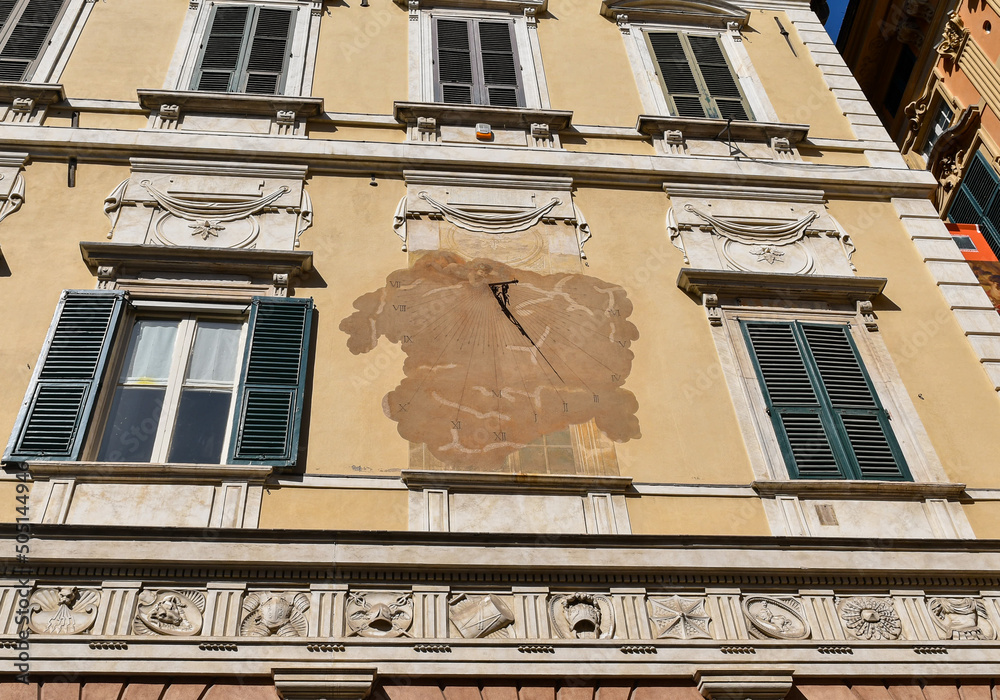 Obraz premium Detail of the Palazzo della Meridiana (Palace of the Sundial, 16th century) with the sundial from which it takes its name, Genoa, Liguria, Italy