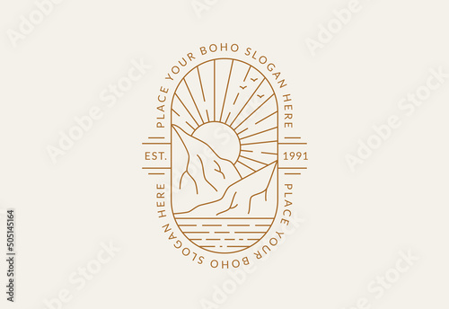 Landscape emblem. Trendy outline logo for travel agencies, eco tourism, outdoor resort, glamping or other themes. Line badge with mountains, sun and place for text. Boho style. Vector.